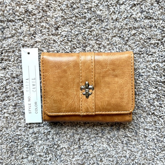 Camel Vegan Leather Wallet with Fleur-de-Lis Accent - Picture 1 of 3